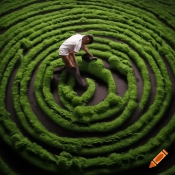 A.I. image generated from haiku text of an individual in the middle of a green growing labyrinth. craiyon.com