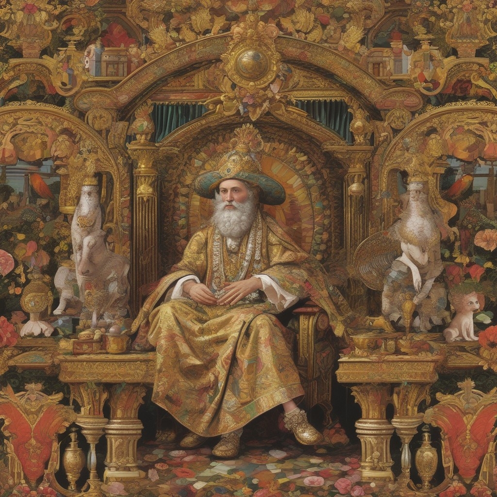 A.I. image generated from tanka text of small man surrounded by shiny gold gilt objects