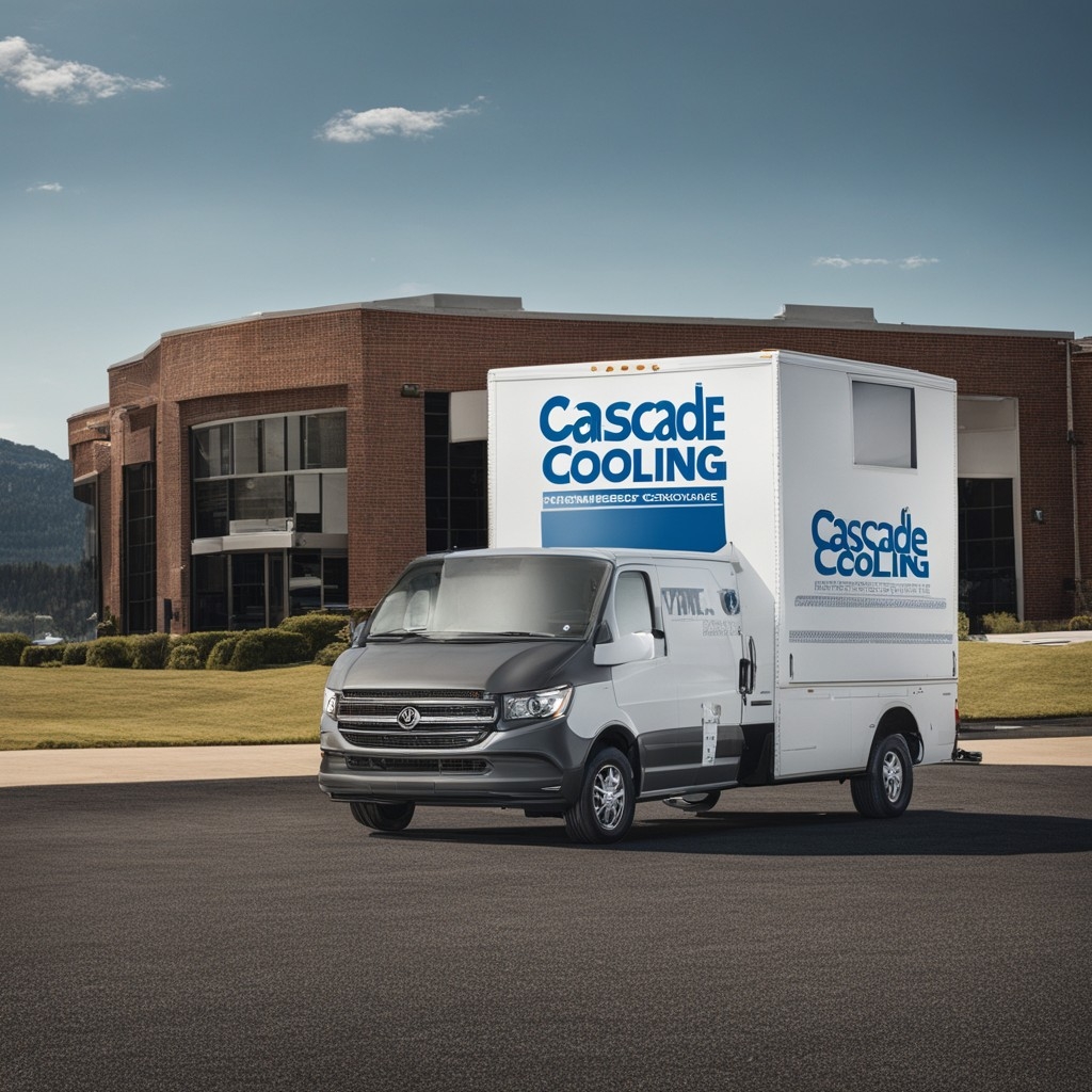 A.I. image generated from text of a work van from Cascade Cooling in front of a business.