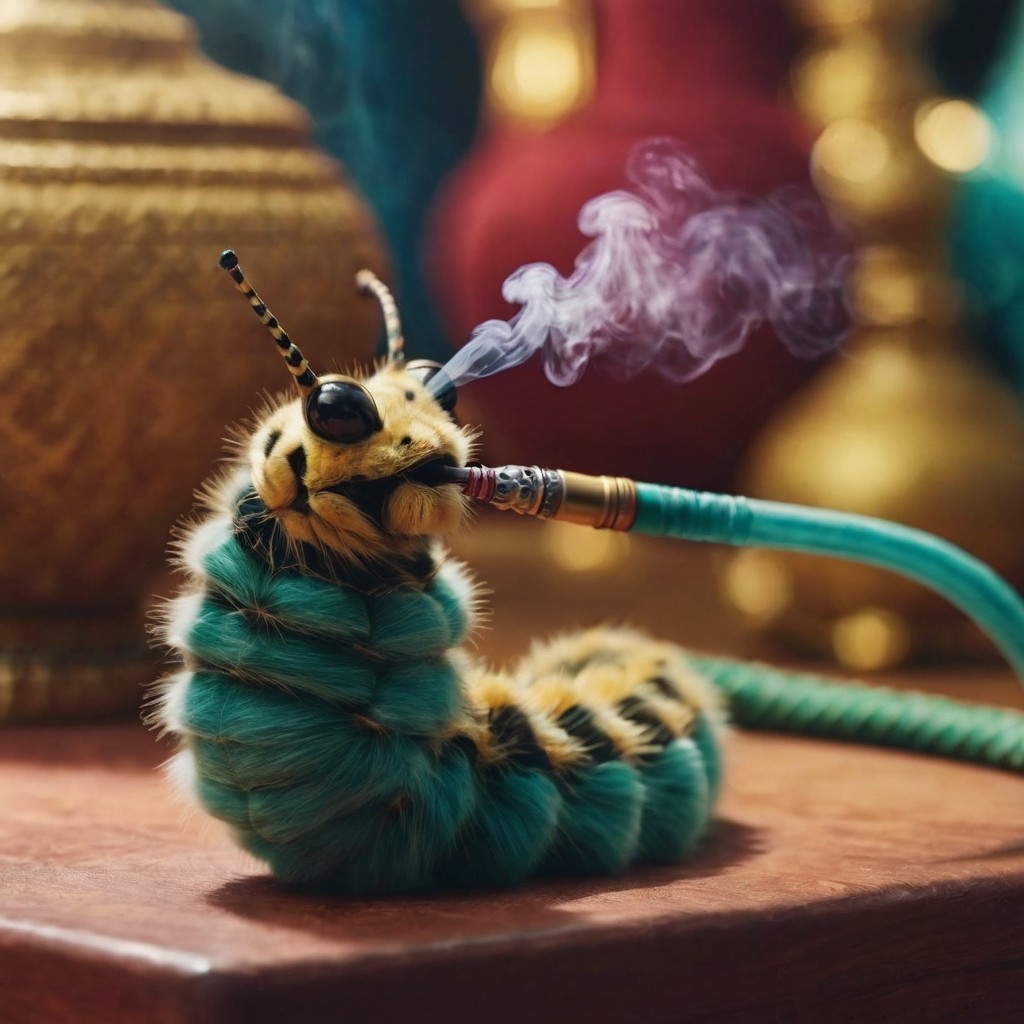A.I. image of a caterpillar smoking a hookah 