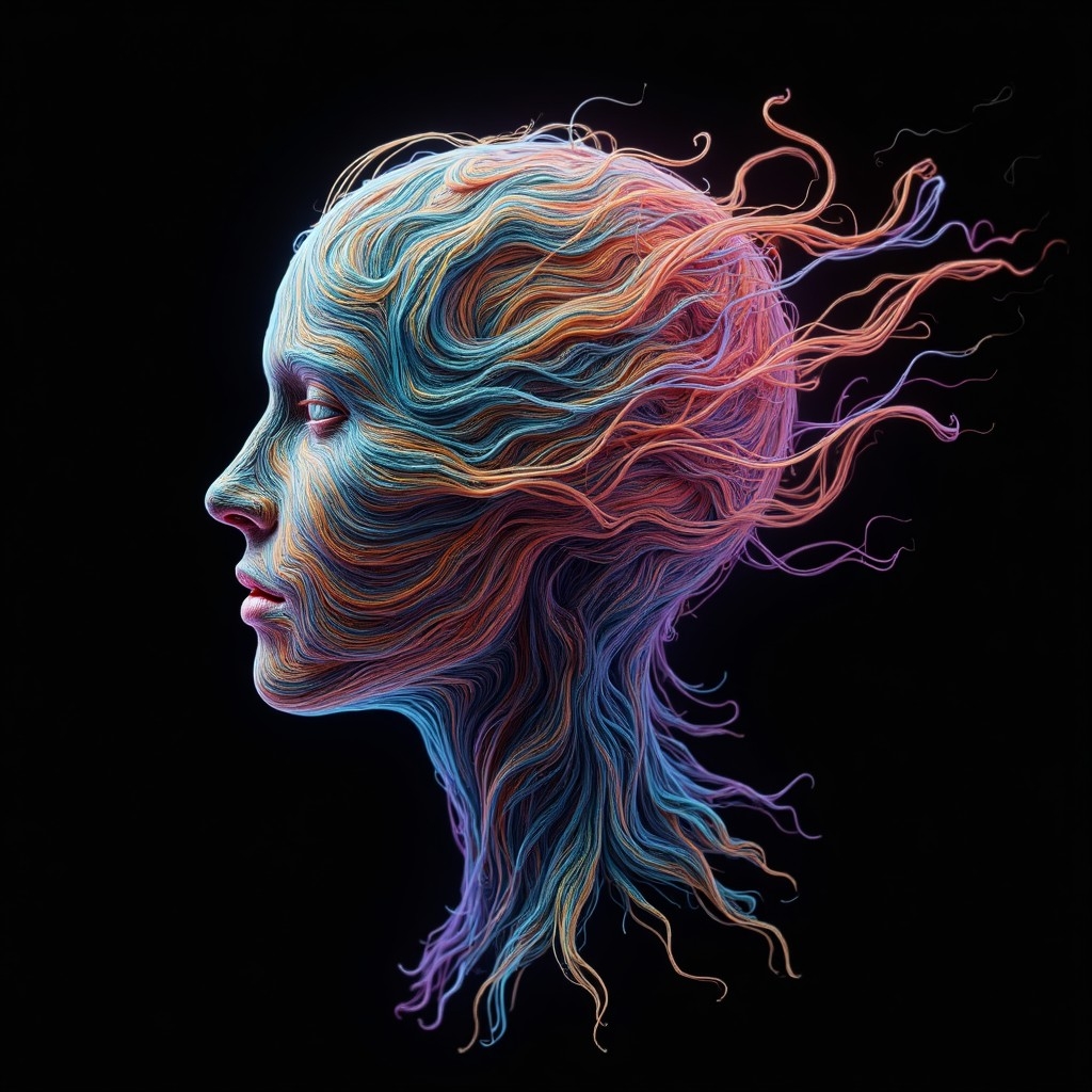 A.I. image from haiku text of human head with flowing colorful tendrils 