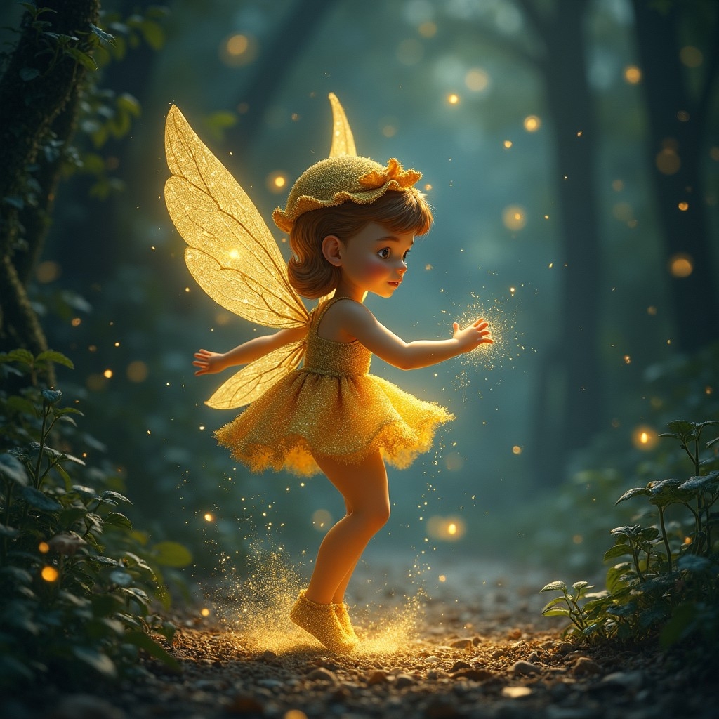 A.I.image generated from the prompt pixie dust of an adorable little fairy spreading their sparkly dust around a forest.