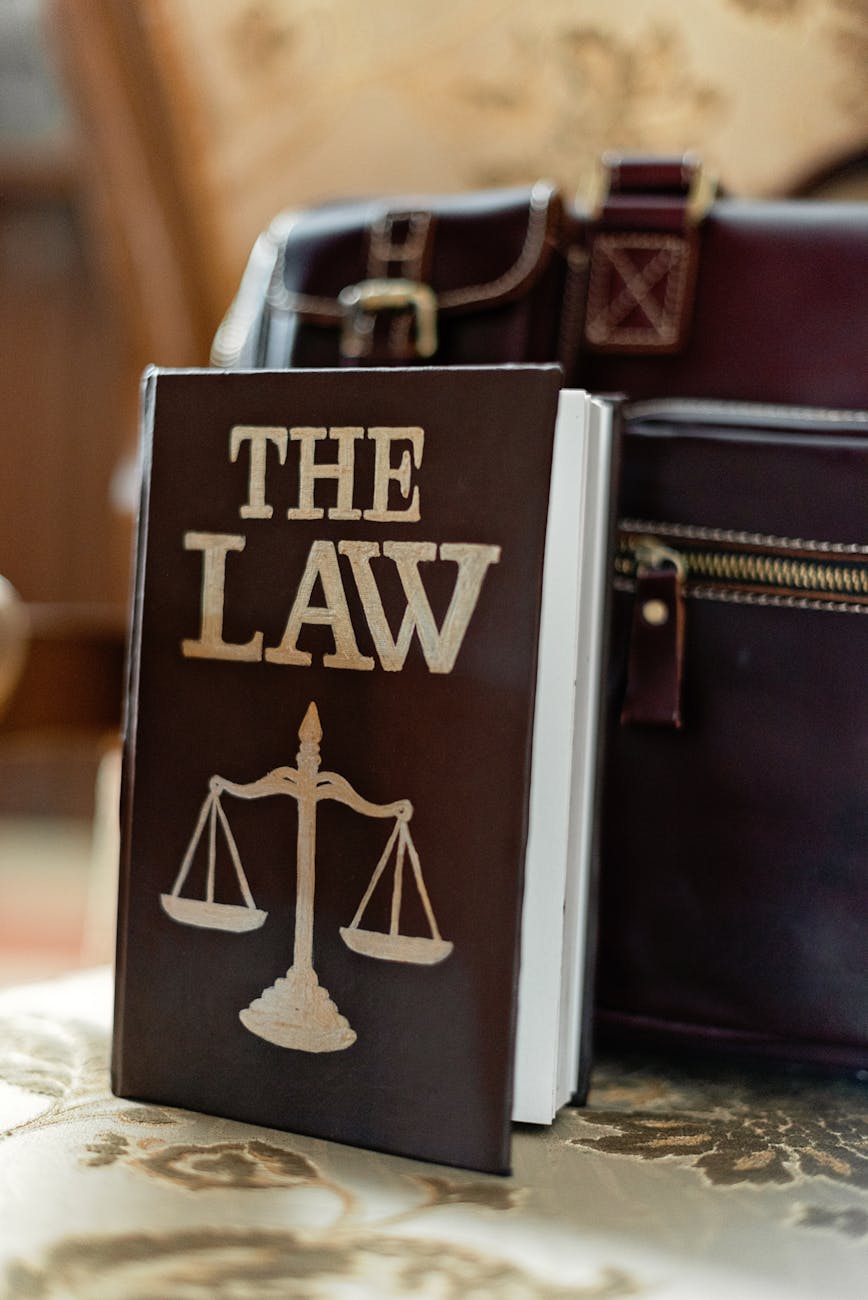 Stock photo of big book titled The Law
with justice scales icon leaning on a briefcase from Pexels.com