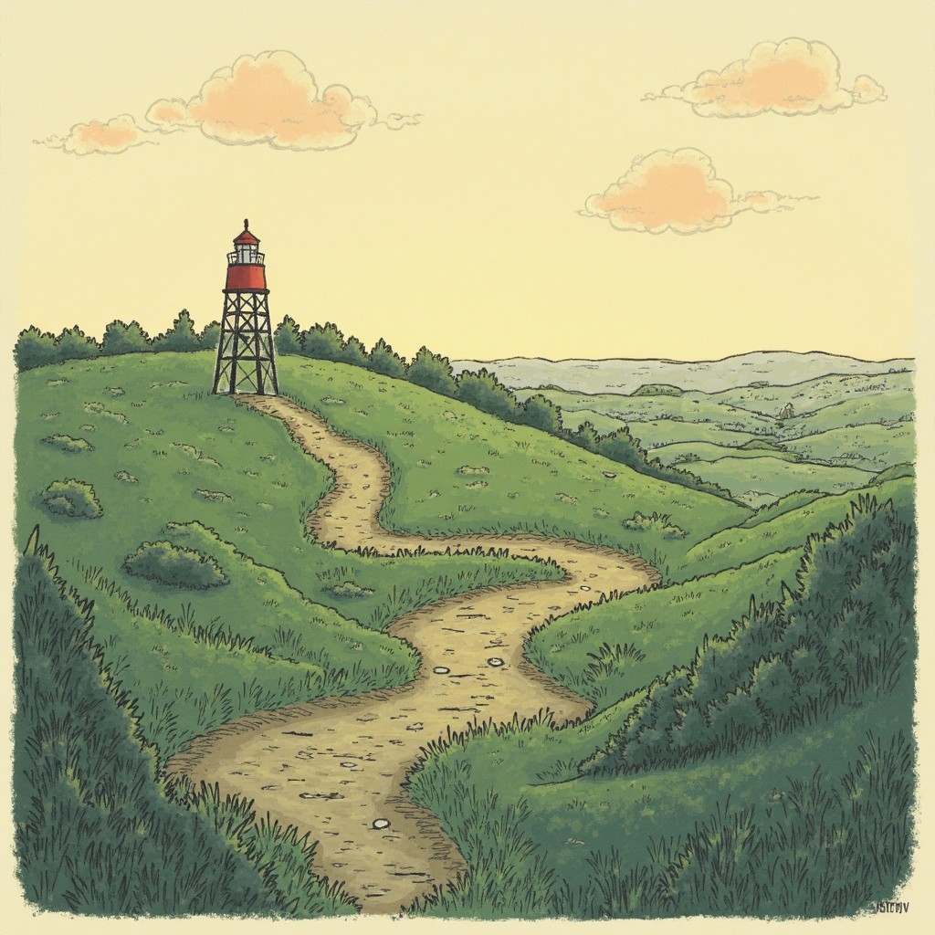 A.I. illustration generated from haiku text of a derrick at the end of a winding uphill footpath