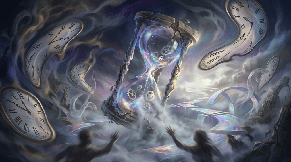 A.I. image generated from blog post text of surreal scene with two figures reaching towards a large, broken hourglass surrounded by melting clocks and mist
