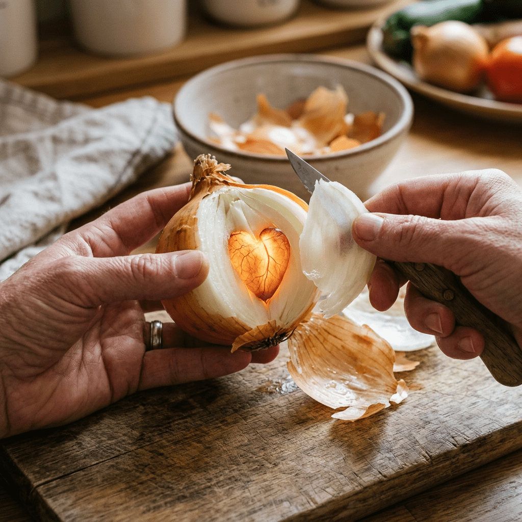 Hands peeling an onion with a heart-shaped glow inside