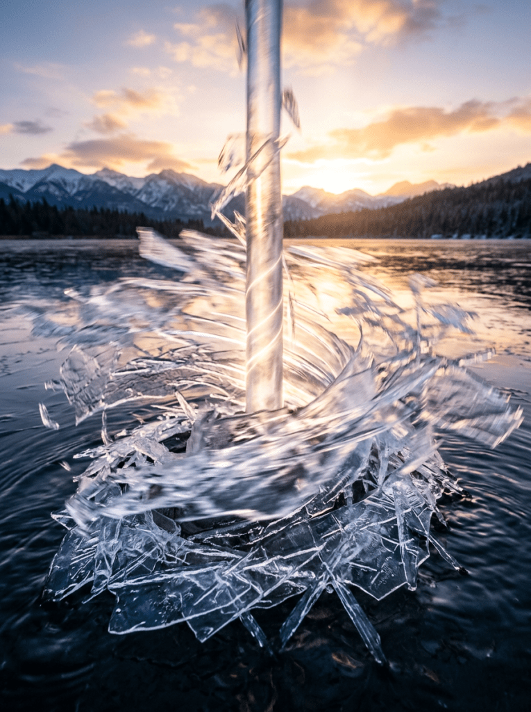 A.I. image generated from quatrain text of a pole breaking thick ice on frozen lake with mountains and sunset in background