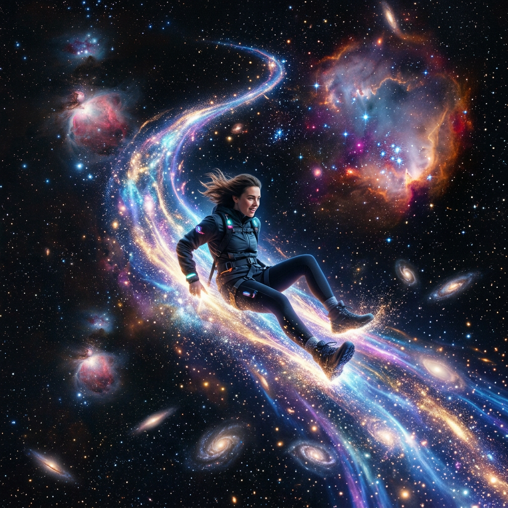 A. I. image generated from freeform poem of a  person in a dark outfit sliding down a glowing spiral trail of stars and galaxies in outer space