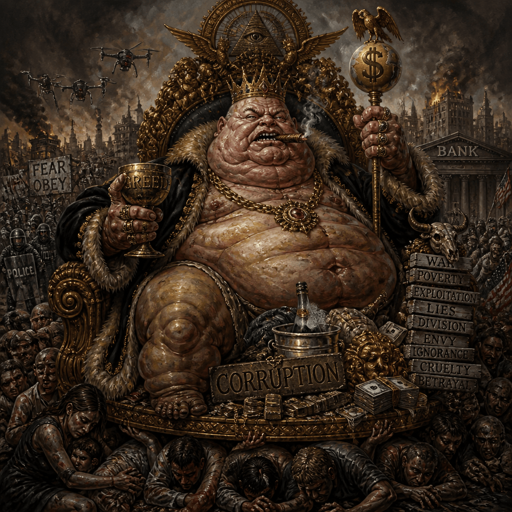Crowned obese ruler holding GREED cup and dollar staff above CORRUPTION, with signs reading FEAR OBEY, BANK, POLICE, WAR, POVERTY, EXPLOITATION, LIES, DIVISION, ENVY, IGNORANCE, CRUELTY, and BETRAYAL.