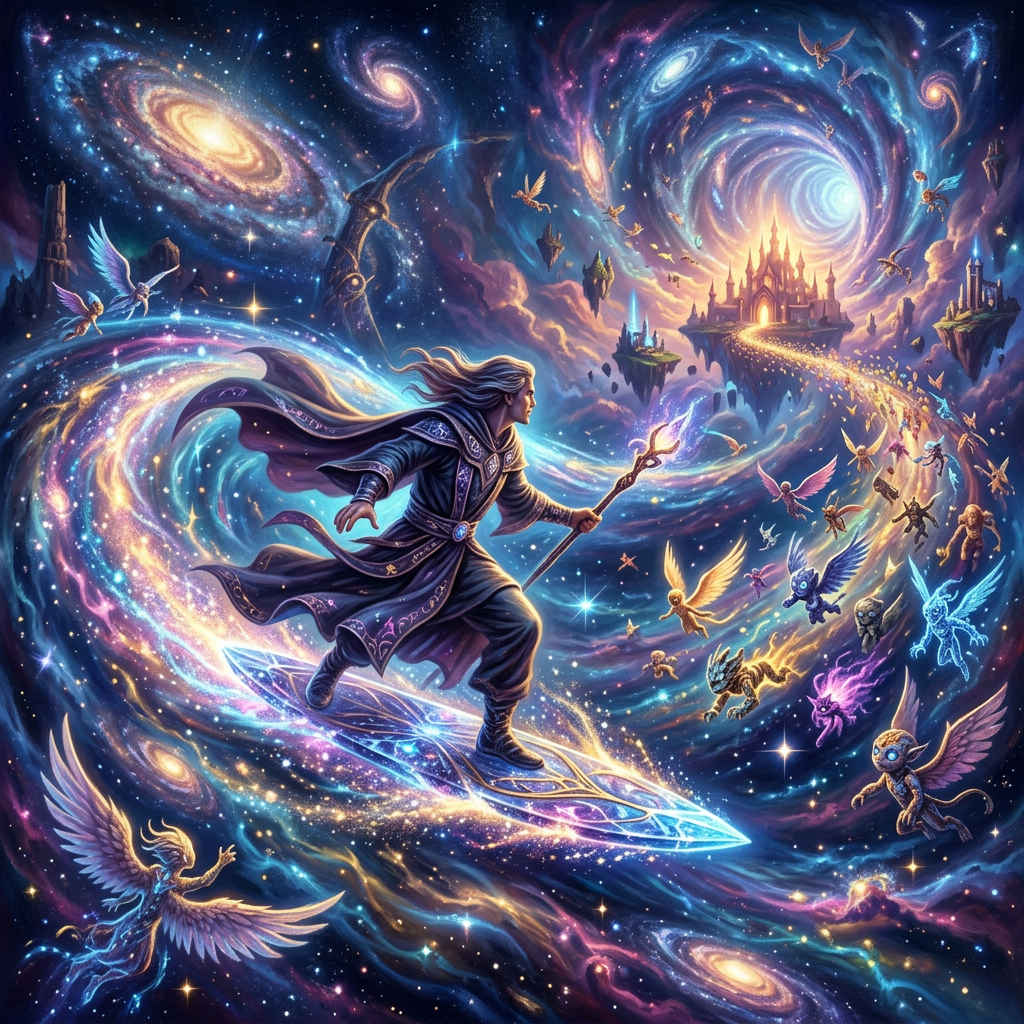 A.I. image generated from text of robed traveler riding a glowing path toward a floating magical castle